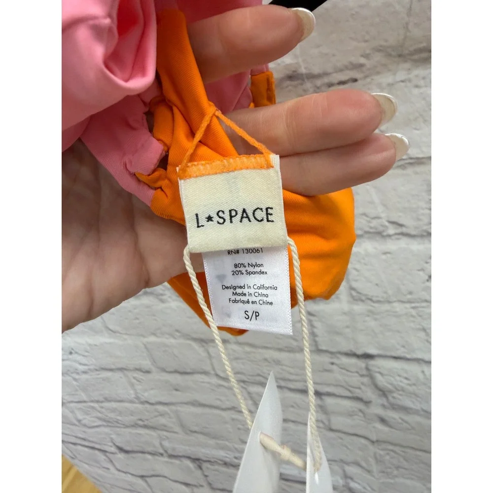 L*Space Solstice Bikini Top Orange Pink Colorblock Ruched Swim Sz S NWT's Beach